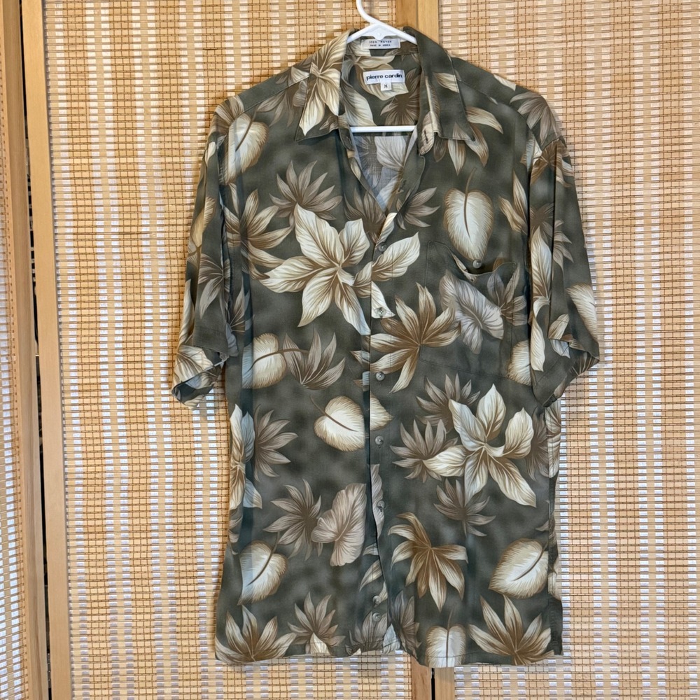 Pierre Cardin Mens Rayon Tropical Floral Button Up Shirt Olive Green Tan Medium